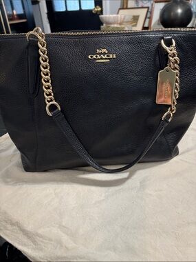 Coach Black Leather Shoulder Tote with Gold Chain Accents
